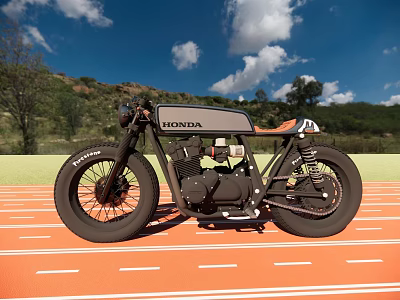 Honda Vintage Cafe Racer Motorcycle With Orange Seat On Orange Track Blue Sky Green Hills 3d model