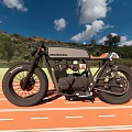 Honda Vintage Cafe Racer Motorcycle With Orange Seat On Orange Track Blue Sky Green Hills