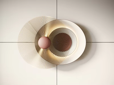 Modern Circular Wall Decor with Layered Radial Lines and Central Pink Sphere 3d model