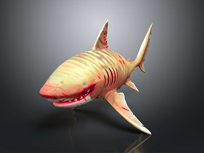 Shark with Yellow and Brown Stripes Open Mouth Red Teeth 3D Model on Black Background 3d model