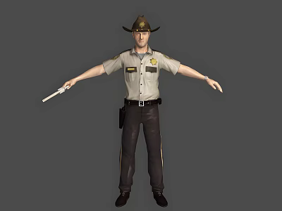 A Man in Police Uniform Wearing Hat Holding Gun with Arms Outstretched 3d model