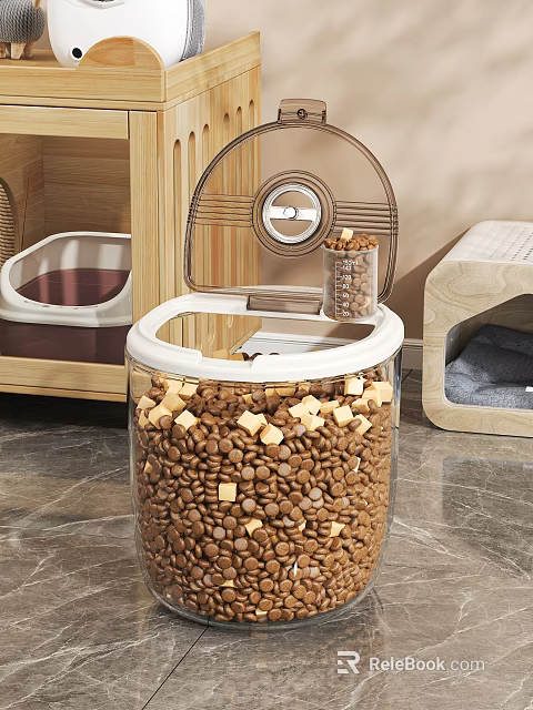Modern Wooden Cat Tree With Transparent Food Storage Container And Cat Food Pellets 3d model 