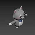 Cute Gray Cartoon Cat Character with Big Eyes and Blue Scarf for Game Movie
