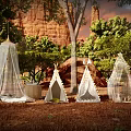 Scenic Camping Campsite with Various Tents String Lights Lush Trees and Red Rock Backdrop