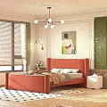 Green Bedroom With Upholstered Headboard Quilt Pillows Window Blinds Wall Art Nightstand And Checkered Rug