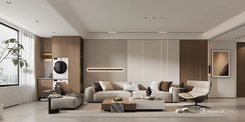 Modern Elegant Open Living Dining Room With Wooden Cabinets Beige Sofa And Built-in Appliances 3d model 