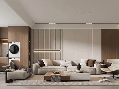 Modern Elegant Open Living Dining Room With Wooden Cabinets Beige Sofa And Built-in Appliances 3d model