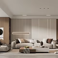 Modern Elegant Open Living Dining Room With Wooden Cabinets Beige Sofa And Built-in Appliances
