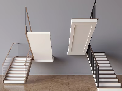 Modern Staircase Design With Wooden And Black Metal Railings White Steps Grey Wall Herringbone Floor 3d model