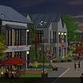 Traditional Modern Commercial Street With Shops Outdoor Seating Greenery And Twilight Pedestrian Atmosphere