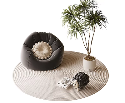 Black Bean Bag Sofa on Round Rug with White Planter Green Plant and Book 3d model