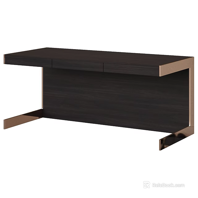 Sleek Dark Wood Desk With Metallic Legs And Built In Drawers 3d model 