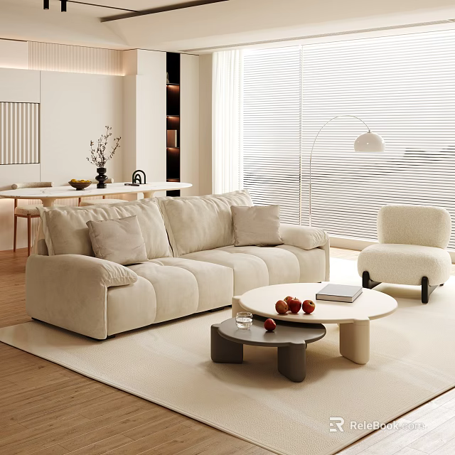 Modern Living and Dining Area with Beige Sofa Round Coffee Table Floor Lamp and Blinds 3d model 