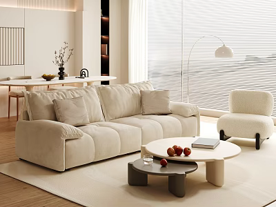 Modern Living and Dining Area with Beige Sofa Round Coffee Table Floor Lamp and Blinds 3d model
