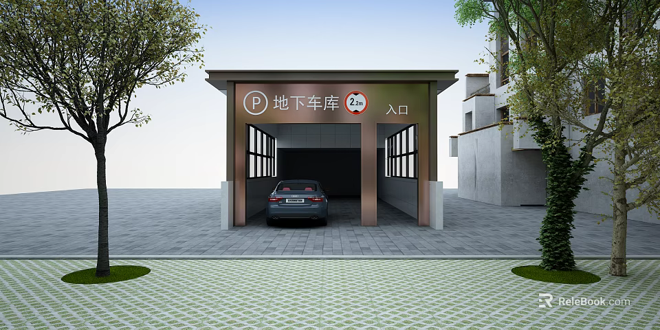 Well Designed Underground Garage Entrance With Speed Limit 4kmh Sign Parked Car And Trees 3d model 