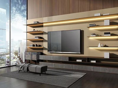 Modern Wooden TV Cabinet with LED Lights Open Shelves Storage and City View Living Room 3d model