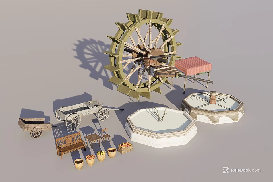 Vintage Building Components with Waterwheel Wooden Cart Roofed Pavilion and Stone Well 3d model 
