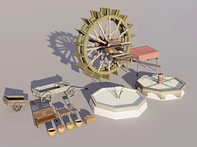 Vintage Building Components with Waterwheel Wooden Cart Roofed Pavilion and Stone Well 3d model