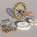 Vintage Building Components with Waterwheel Wooden Cart Roofed Pavilion and Stone Well