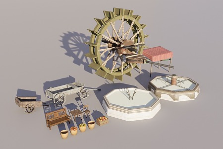 Water wheel pool outdoor scene 3d model