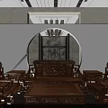 Chinese Traditional Interior With Wooden Furniture Round Arch Wall Paintings And Marble Floor