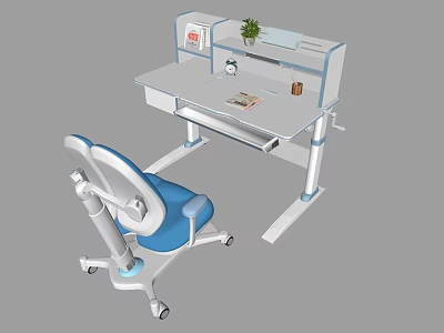 Kids Study Desk With Blue Chair Small Plant And Spacious Tabletop 3d model