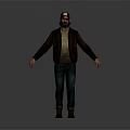 Realistic Game Movie Character in Brown Jacket Blue Jeans and Hat Standing Pose Gray Background