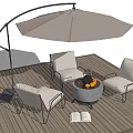 Cozy Outdoor Chairs on Wooden Deck with Curved Patio Umbrella and Round Fire Pit Table