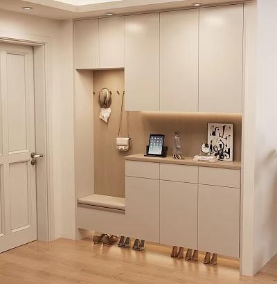 Modern Entryway Shoe Cabinet Design With Coat Hooks Bench And Decorative Items 3d model