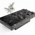 Modern Black Marble Coffee Table With Mountain Like Texture And Green Plant 3d model