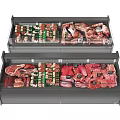Commercial Double-Deck Refrigerated Display Cases Filled With Various Fresh Meat Products