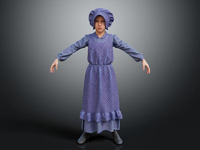 Woman In Purple Polka Dot Dress And Blue Bonnet With Arms Outstretched Against Dark Background 3d model
