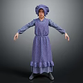 Woman In Purple Polka Dot Dress And Blue Bonnet With Arms Outstretched Against Dark Background