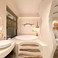 Modern Hotel Room Interior with Archway Design Wooden Flooring and Decorative Wall Art
