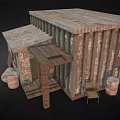 Rustic Traditional Hut With Cylindrical Walls Wooden Porch And Clay Pots