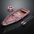 Wooden Boat with Red Lifebuoy and Two Oars on Black Reflective Surface