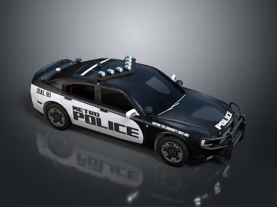 Modern Black And White Police Car With Roof Mounted Police Lights And Sedan Design 3d model