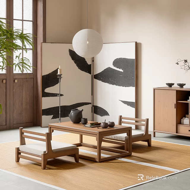 Wooden Tea Table And Chairs In Japanese Style Room With Screen Lantern Green Plant Cabinet 3d model 