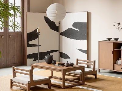 Wooden Tea Table And Chairs In Japanese Style Room With Screen Lantern Green Plant Cabinet 3d model