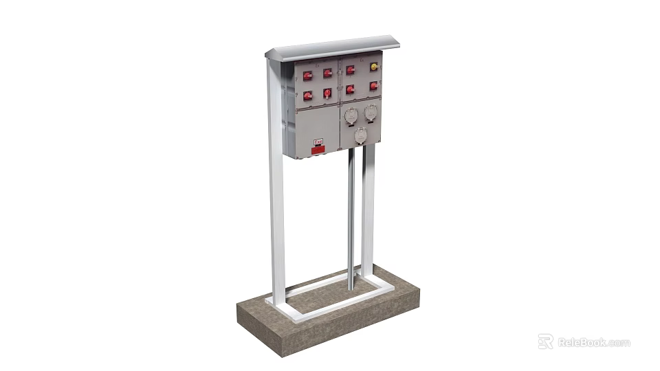 Industrial Control Box With Stand Mounted On Concrete Base Red Buttons And Switches 3d model 