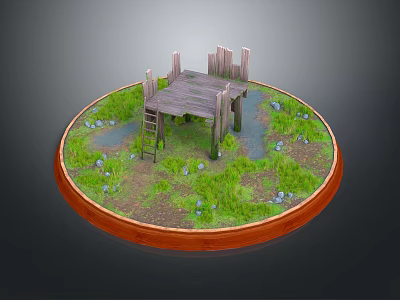 Old Wooden Platform Miniature Scene With Grass Stream Stones And Ladder On Circular Base 3d model