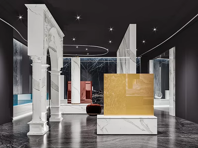 Luxury Exhibition Hall With White Marble Columns And Golden Display Stand 3d model