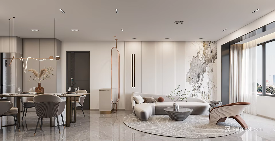 Elegant Modern Dining and Living Room Interior With Sofa Dining Table Decorative Wall And Rug 3d model 