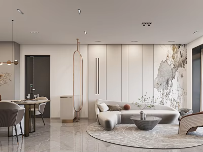Elegant Modern Dining and Living Room Interior With Sofa Dining Table Decorative Wall And Rug 3d model