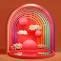 Vibrant Rainbow Arch Photo Spot With Cloud Decorations Spherical Ornaments And Orange Background