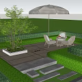 Garden Landscape Design With Neatly Trimmed Hedges Umbrella Seating And Stone Pathway