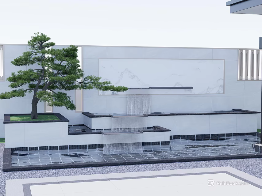 Modern Courtyard Landscape With Water Feature Pine Tree And White Wall Decor 3d model