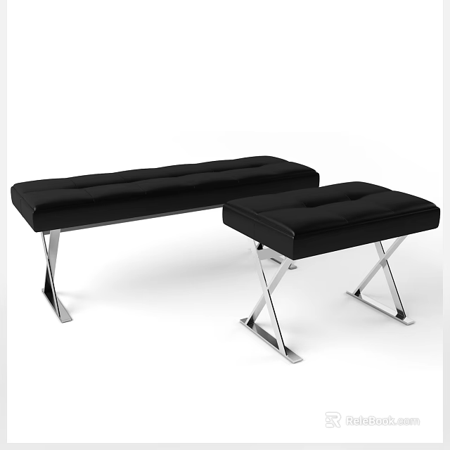 Modern Black Upholstered Sofa Bench Set Of Two With Chrome Metal Legs 3d model 