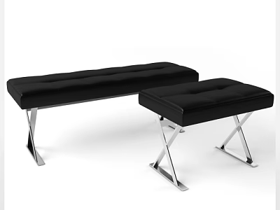 Modern Black Upholstered Sofa Bench Set Of Two With Chrome Metal Legs 3d model