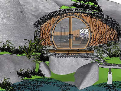 Round Wooden B&B Building With Large Windows Surrounded By Natural Stone Greenery Water And Steps 3d model